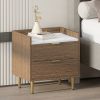 Wooden Nightstand with 2 Drawers and Marbling Worktop, Mordern Wood Bedside Table with Metal Legs&Handles, Walnut