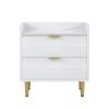 Wooden Nightstand with 2 Drawers and Marbling Worktop, Mordern Wood Bedside Table with Metal Legs&Handles,White