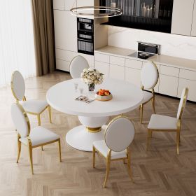 59" Round White MDF Dining Table, Base with Gold Finish Stainless Steel Circle