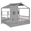 Wooden Full Size House Bed with 2 Drawers,Kids Bed with Storage Shelf, Gray